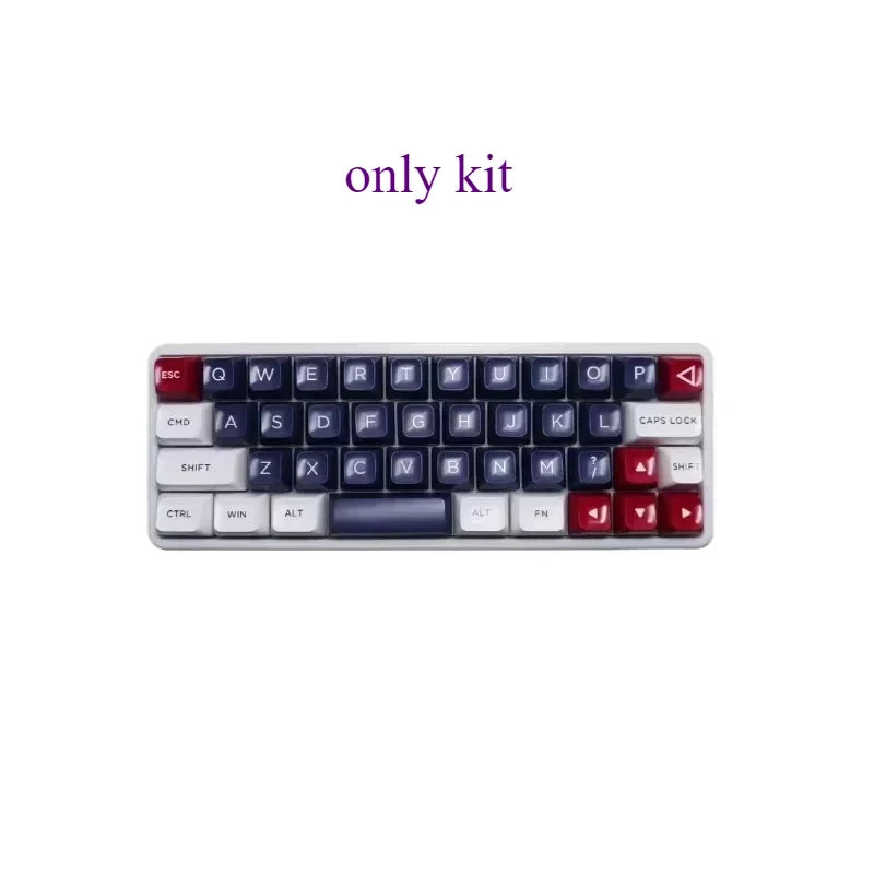 40% keyboard kit, blue base with white keycaps and red arrow keys.