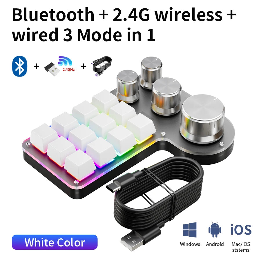 White mechanical keyboard with RGB backlit keys, 4 metal knobs, bundled USB cable