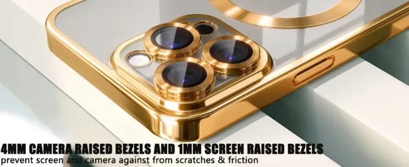 Gold MagSafe wireless charging phone case with camera lens protector and raised bezels