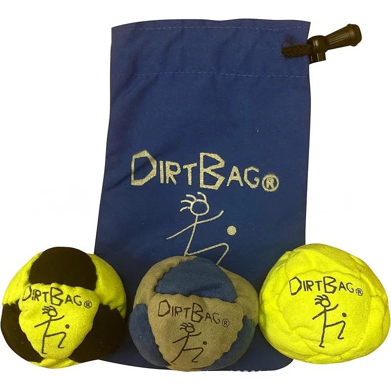 Blue drawstring pouch with three sand-filled hacky sack balls: yellow, gray, and green