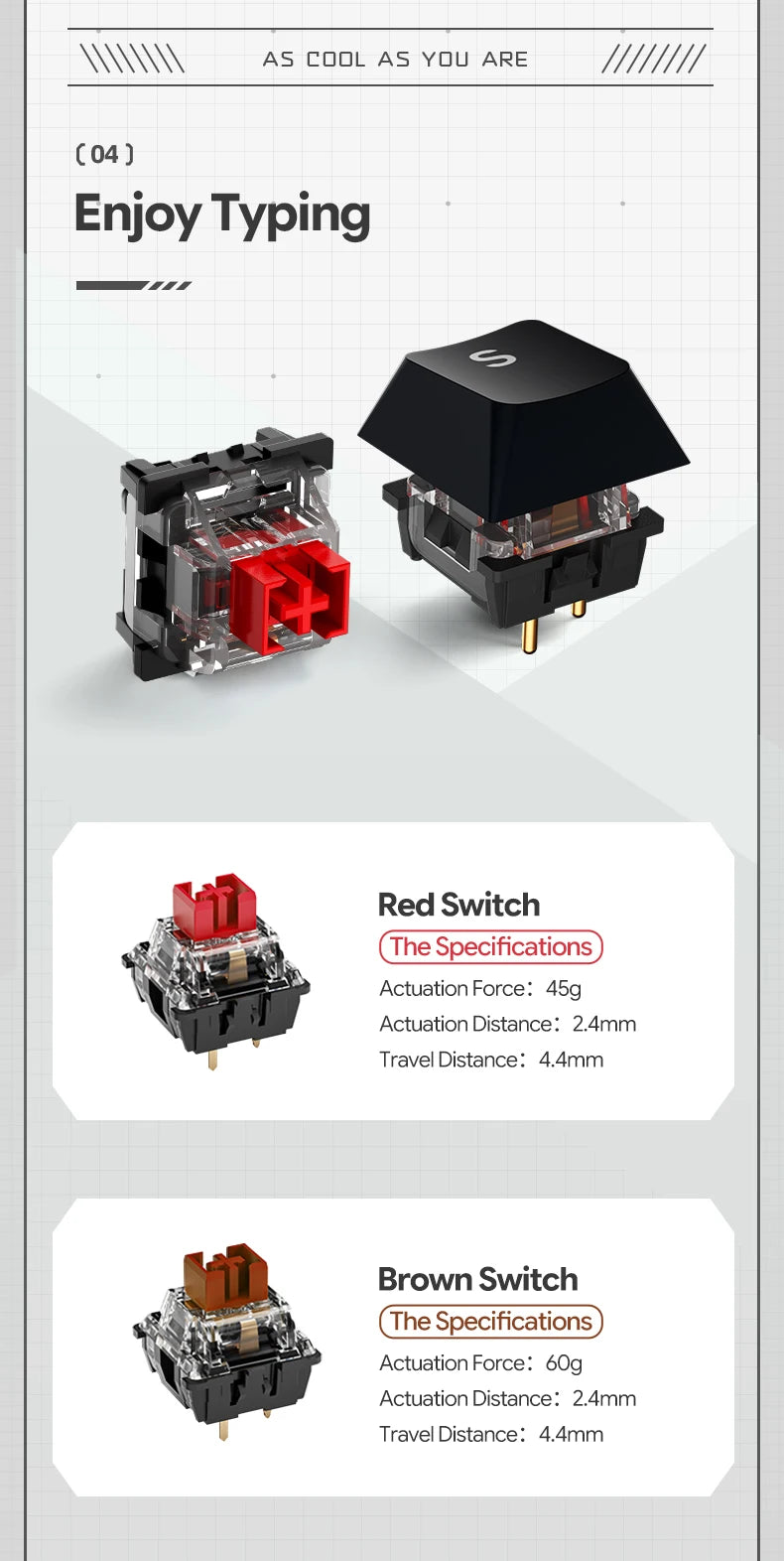 Mechanical keyboard switch close-ups showing red and brown switch components