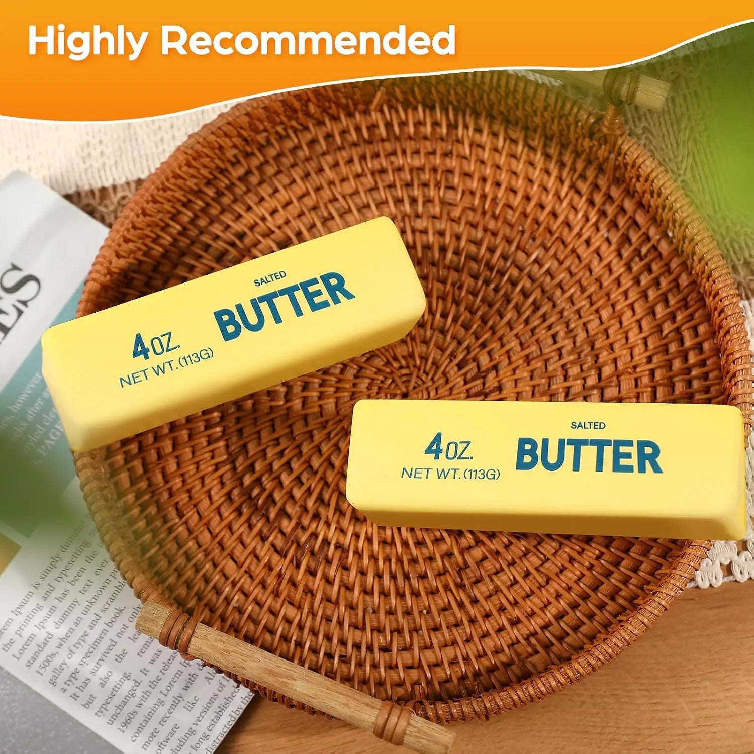 Yellow butter-shaped squishy fidget toy set, 4oz size on woven tray