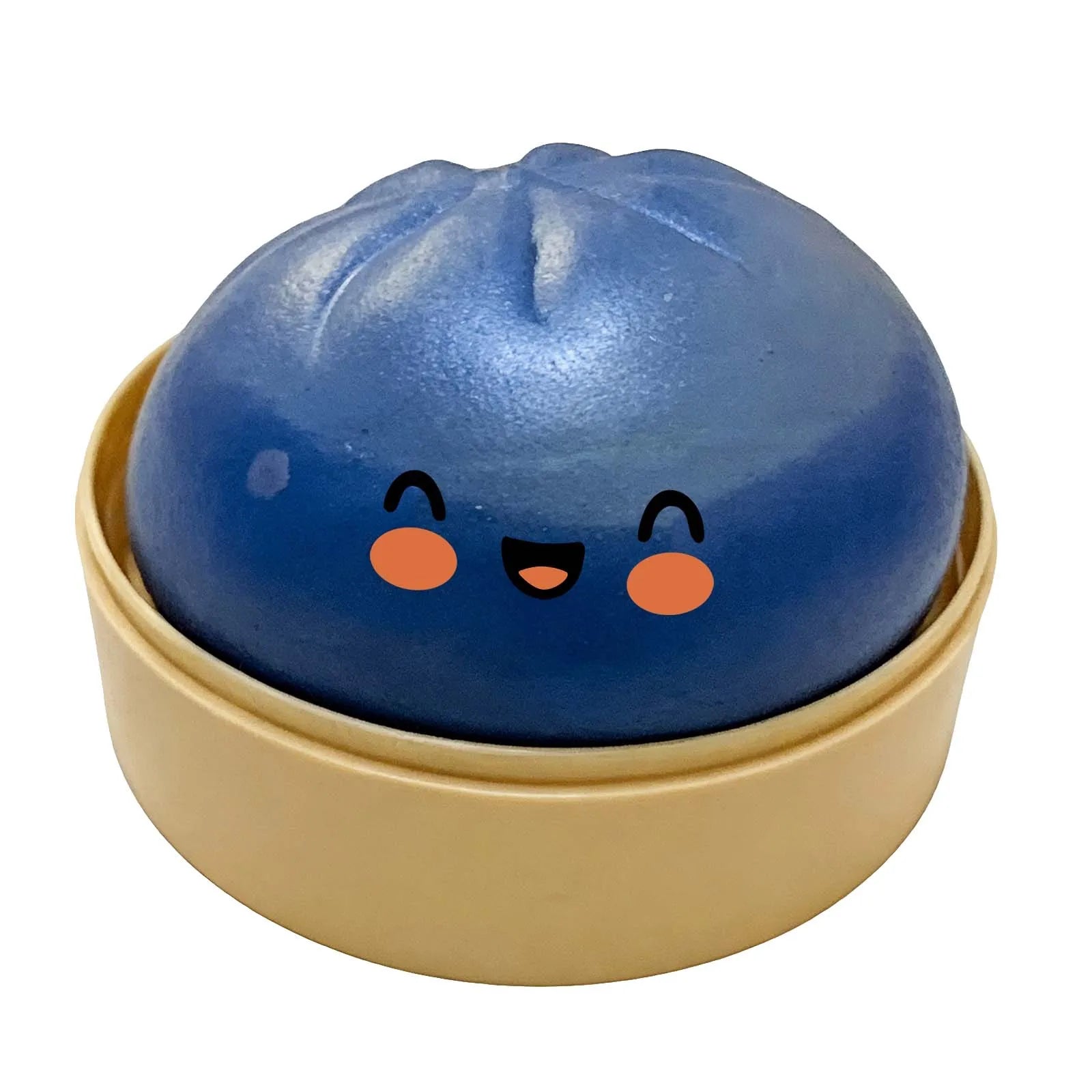 Blue glitter steamed bun squishy toy with cute smiling face, in a beige base