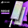 White mechanical gaming keyboard with RGB backlit PBT keycaps, angled closeup