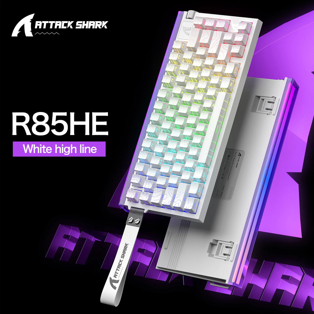 White mechanical gaming keyboard with RGB backlit keycaps, bright highlighted lighting
