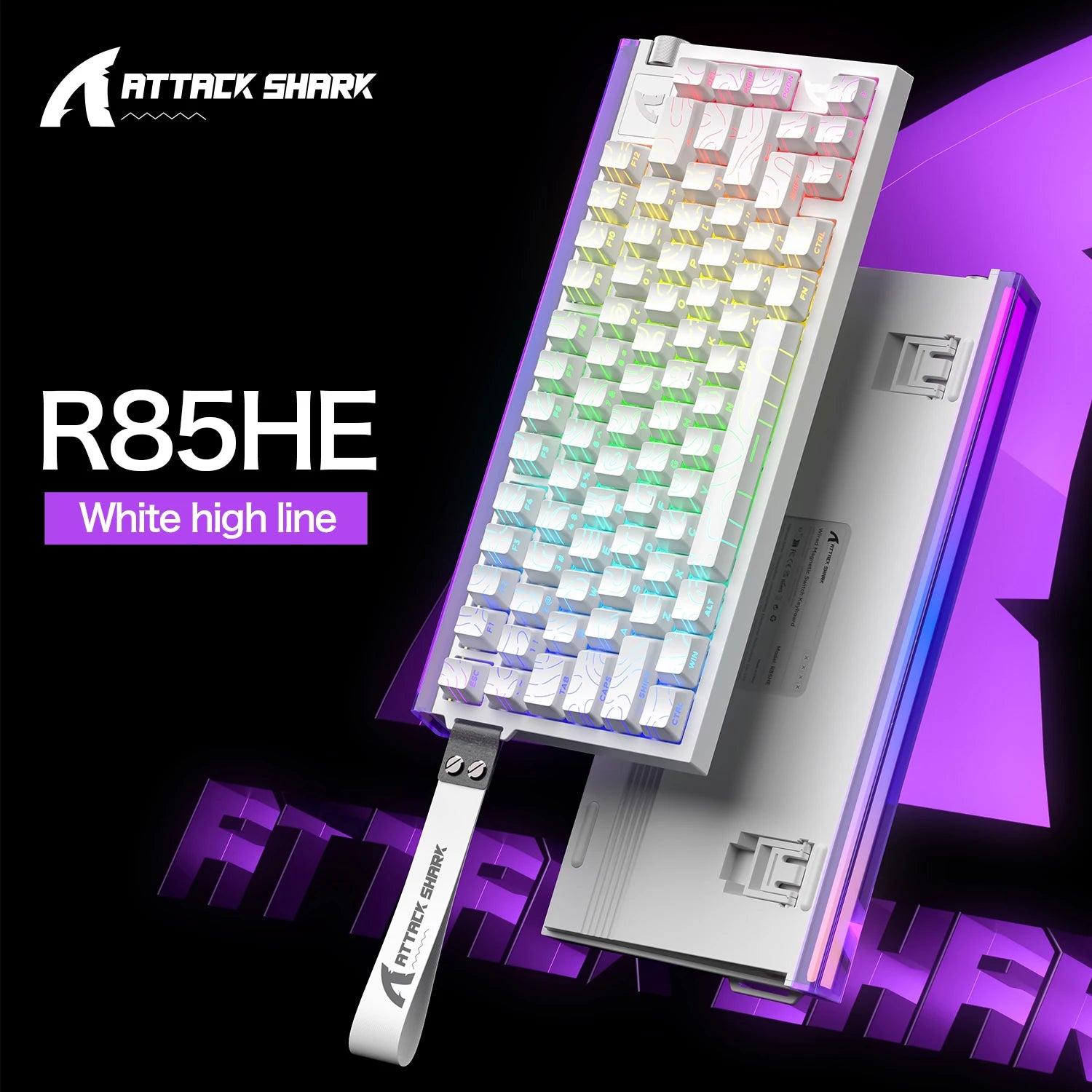 White mechanical gaming keyboard with RGB backlit keycaps, bright highlighted lighting