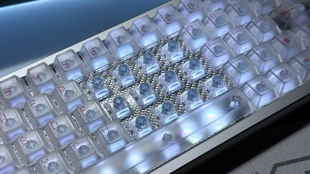 Mechanical keyboard with translucent keycaps and visible switch tops