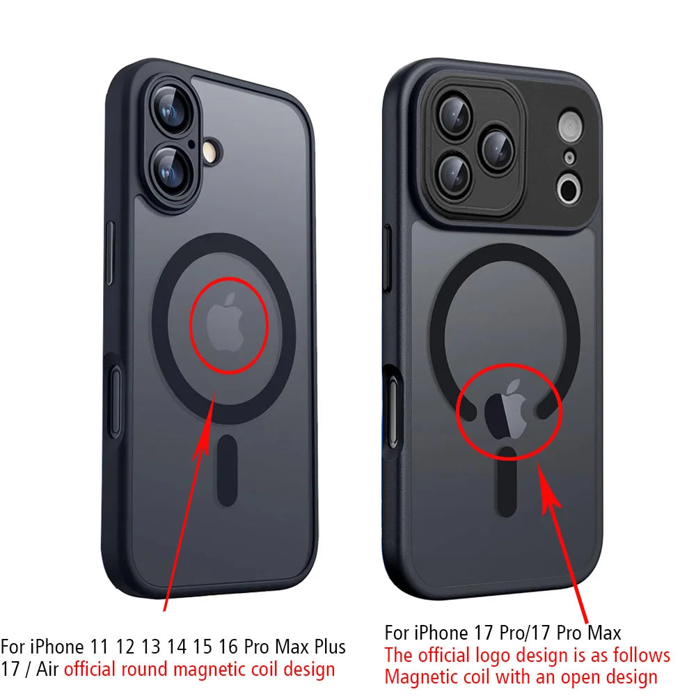 Matte translucent shockproof iPhone case showing round magnetic coil placement