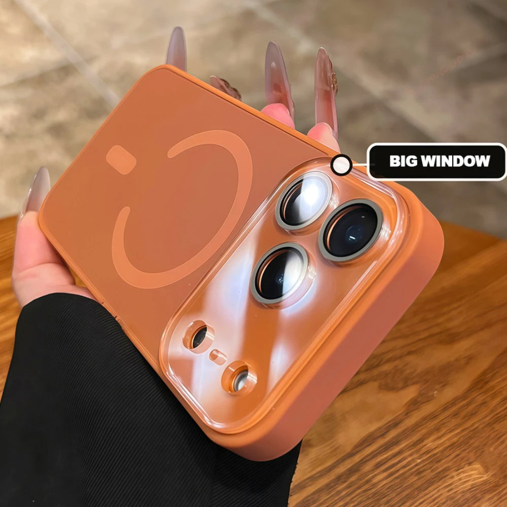 Magnetic phone case with large window, orange with circular ring cutout and camera openings