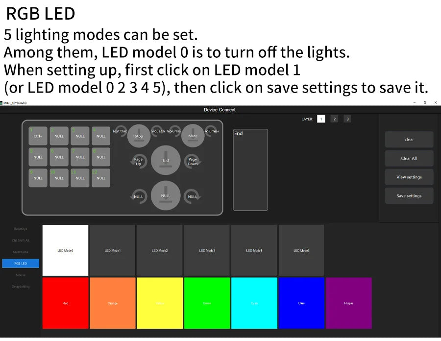 Mechanical keyboard RGB LED page with lighting mode options and color palette bars