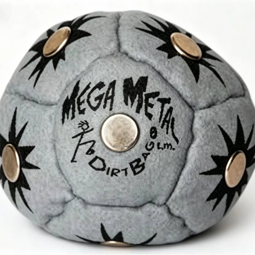 Sand-filled hacky sack ball with gray “Mega Metal” pattern and bronze coin details