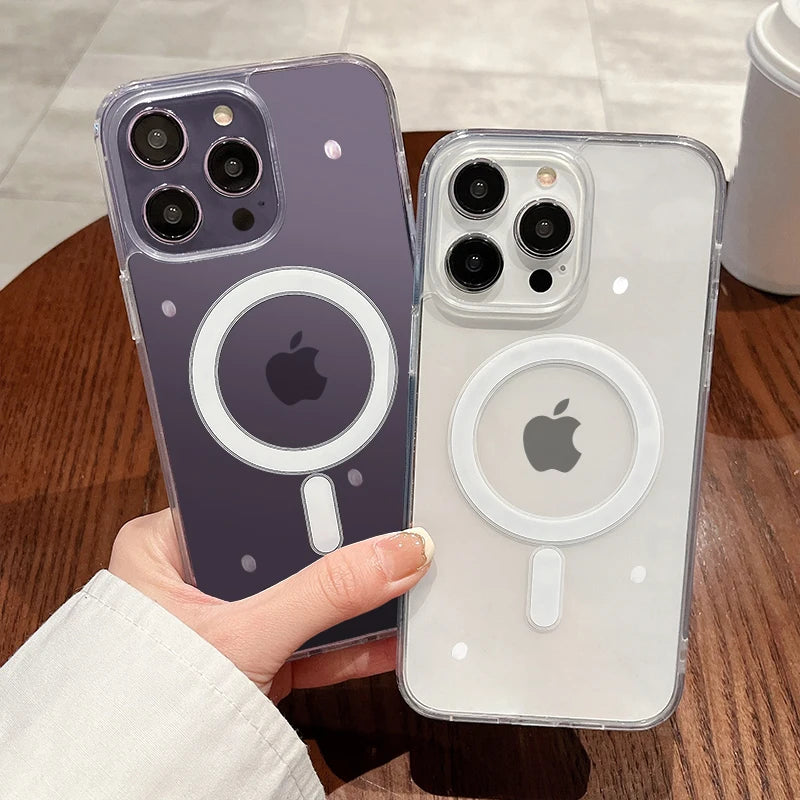Purple and clear MagSafe magnetic phone cases with circular charging rings and camera cutouts