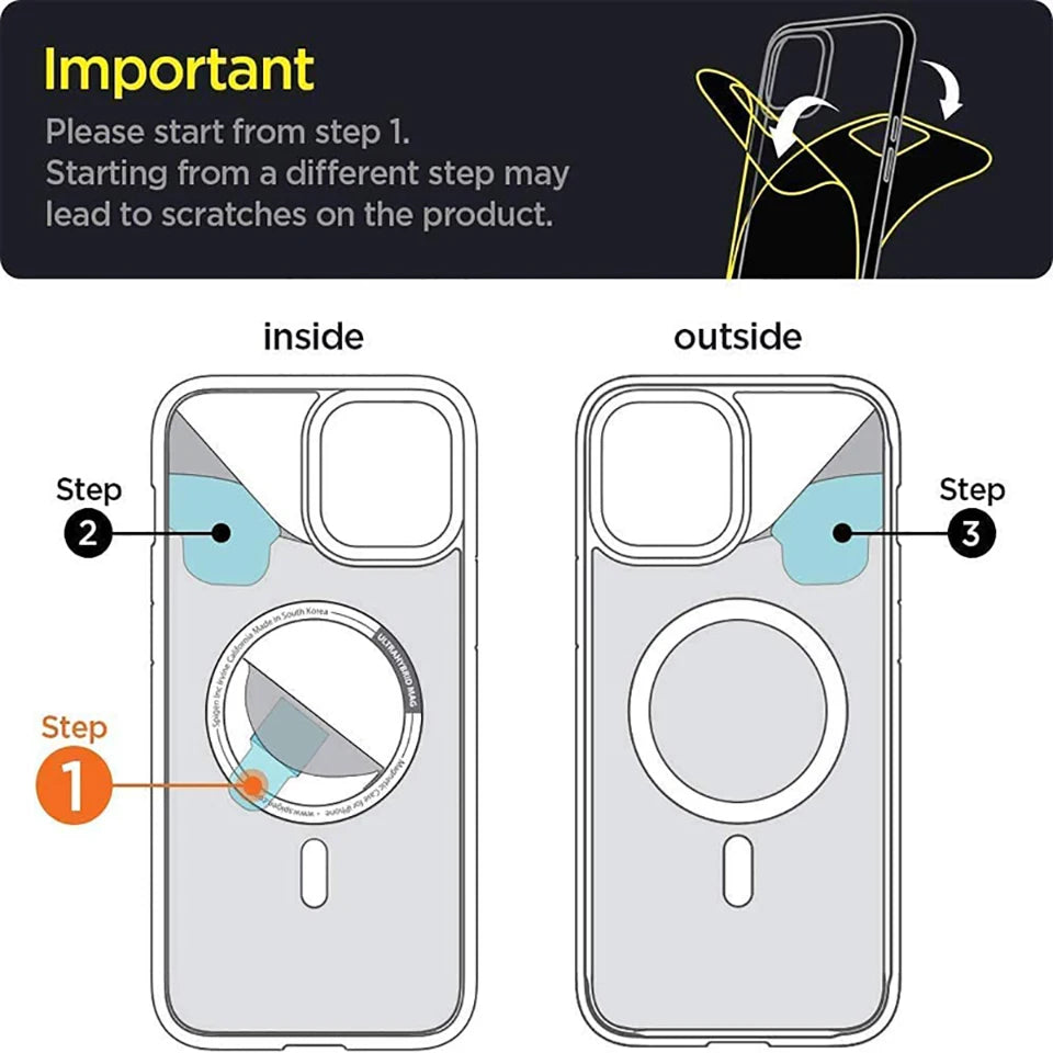 Clear magnetic iPhone case with MagSafe ring, inside and outside setup diagram