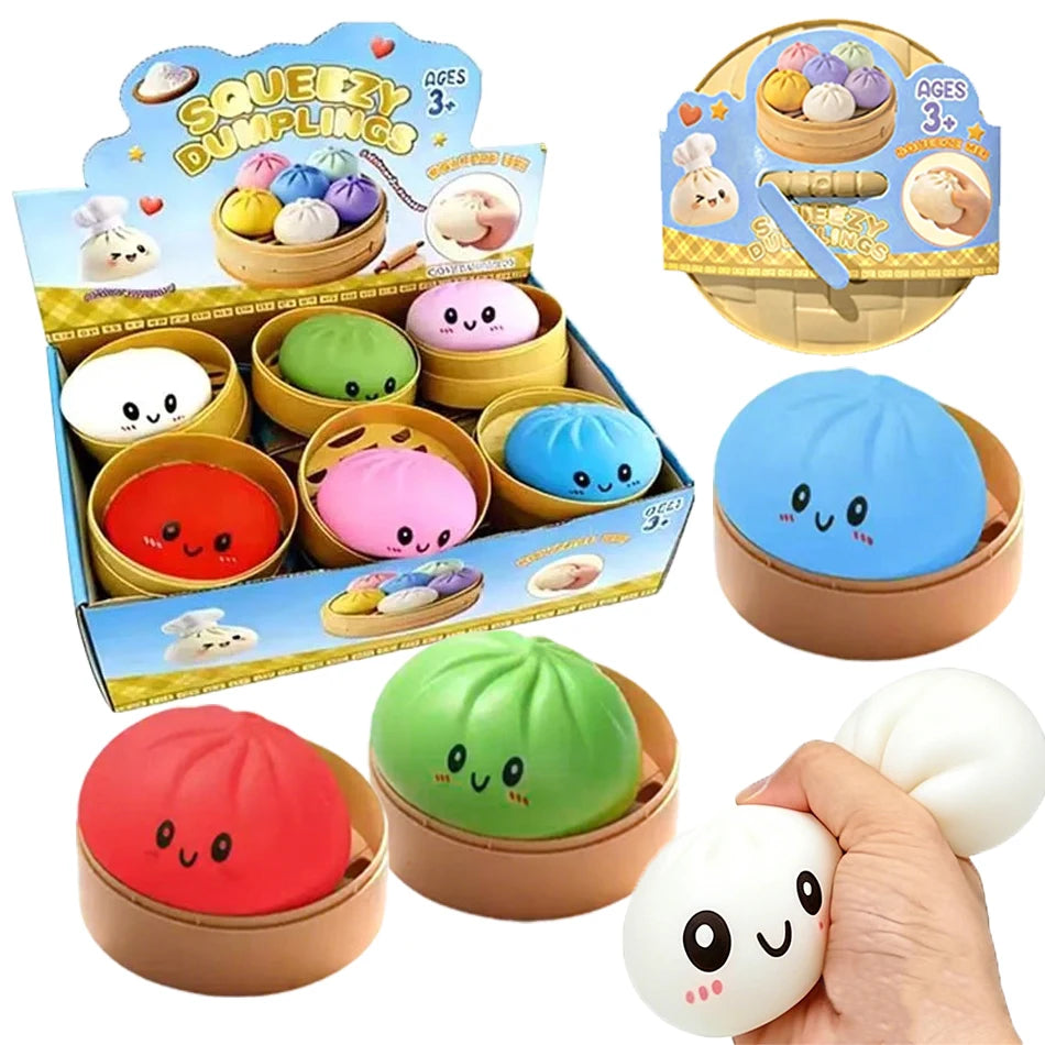 Squishy Dumpling Squishes Stress Balls Fidget Sensory Toys Simulation Food Squishies Bun with Steamer Squeeze Dough Ball Gifts