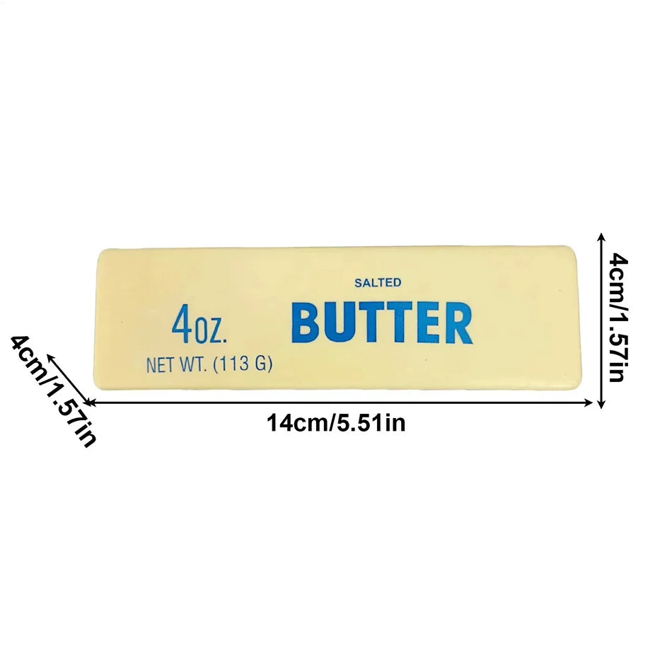 Salted butter squishy toy size diagram: 14cm/5.51in by 4cm/1.57in