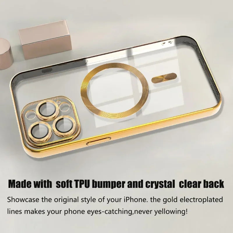 Clear back gold-edged MagSafe phone case with camera cutouts and protective frame