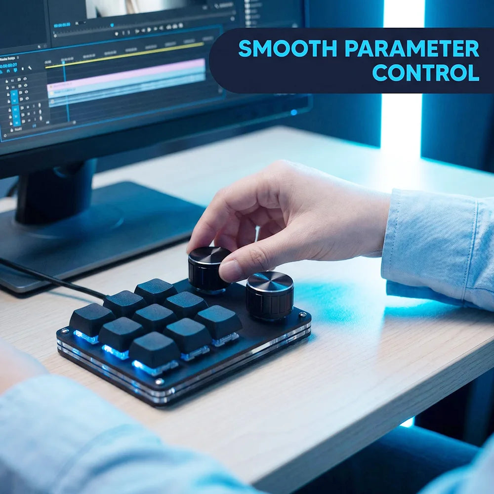 9-key macro keyboard with dual metal knobs; hand turning knob over RGB-lit keys