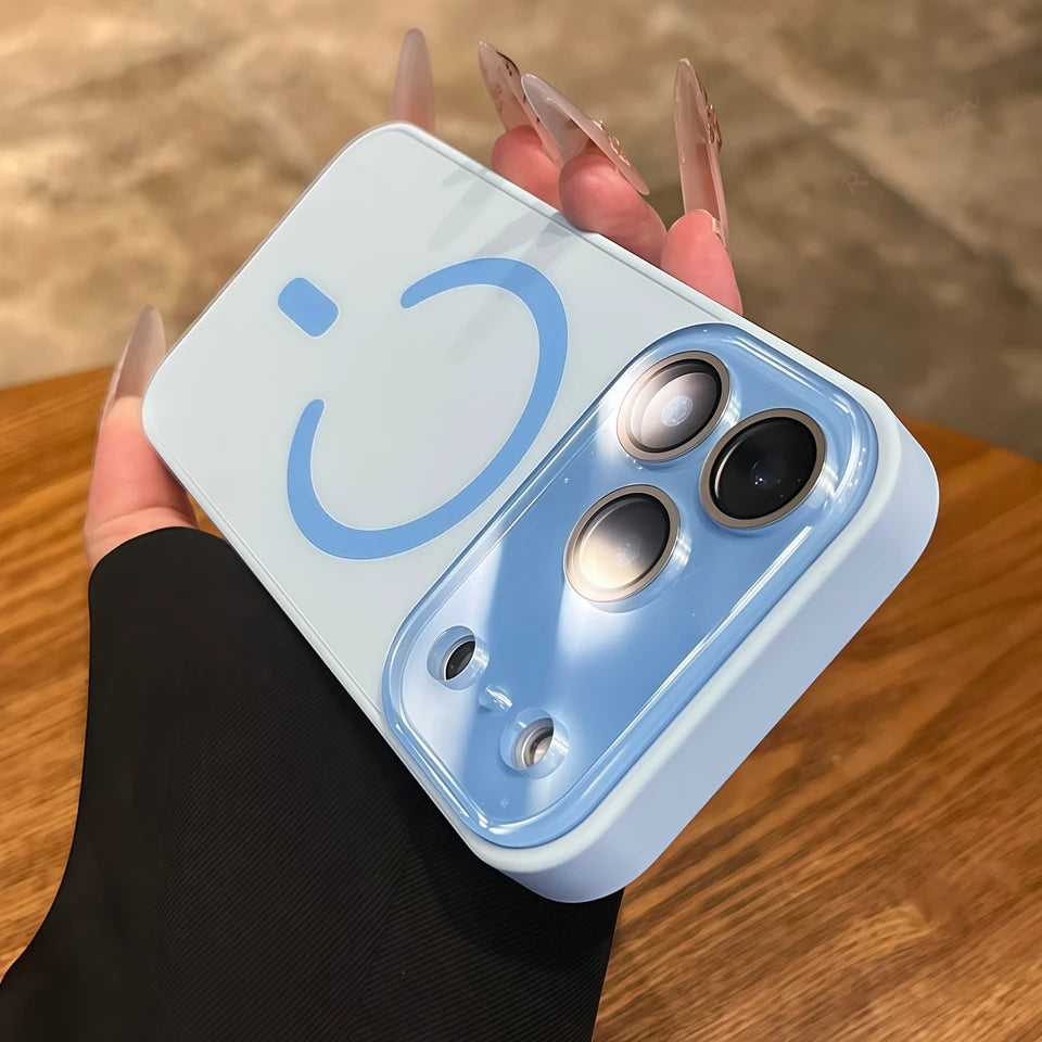 Magnetic phone case with large camera window, light blue finish, and protective camera frame.
