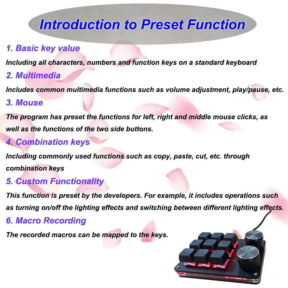 9-key multi-functional editing keyboard with preset functions and macro recording keys shown