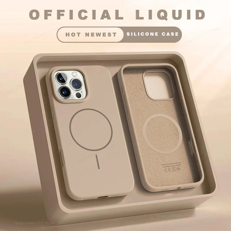 Beige MagSafe silicone phone case with camera opening and MagSafe ring circle detail