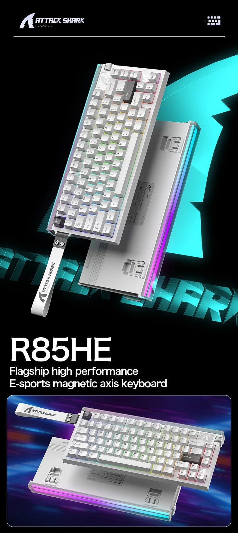 White mechanical gaming keyboard with RGB backlit PBT keycaps, angled view