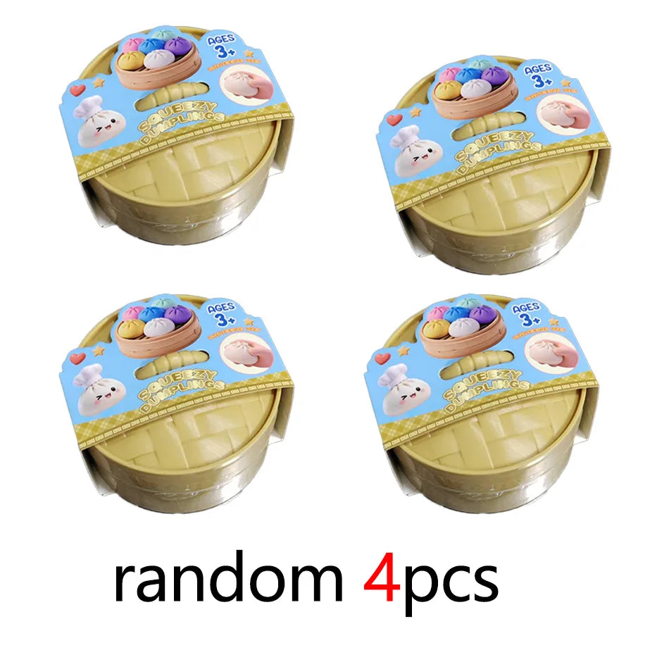 Assorted mini dumpling squishy set, showing 4 packages with bun icons