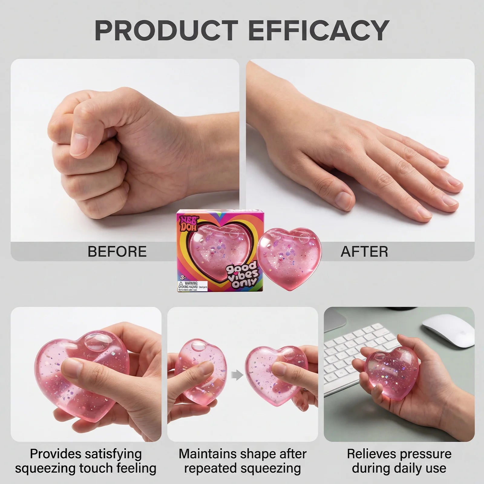 Needoh stress relieving toy with a soft and comfortable touch, gentle and non stick heart shape, cute, compact and portable palm