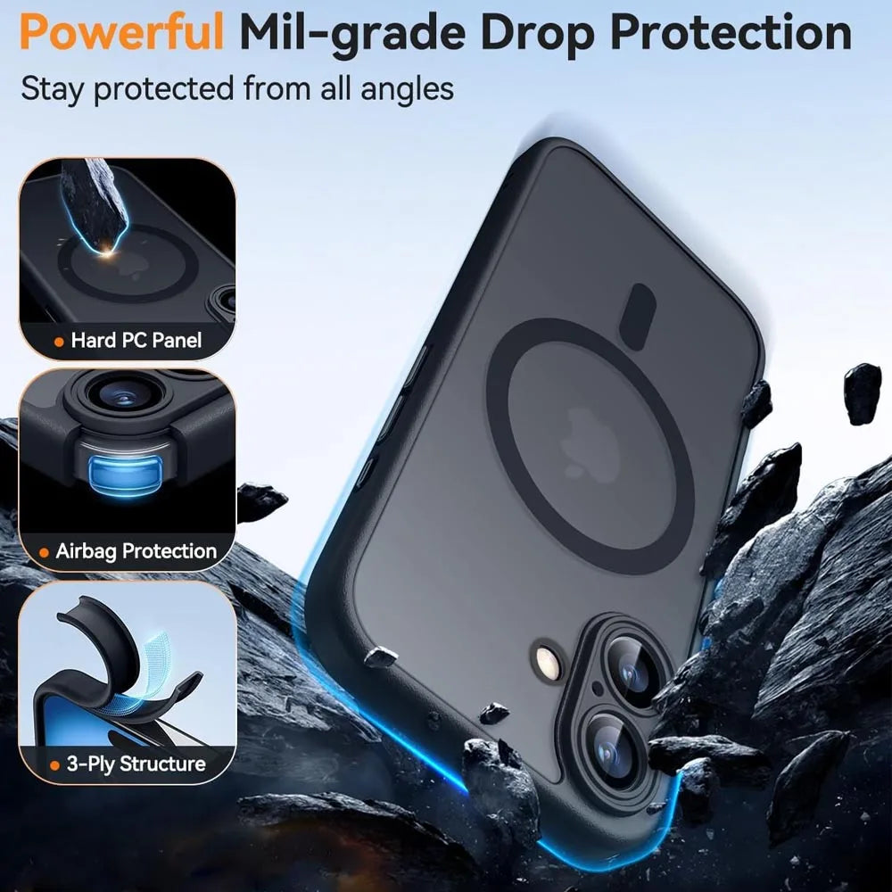 Shockproof matte translucent iPhone case with circular ring logo and dual camera cutouts