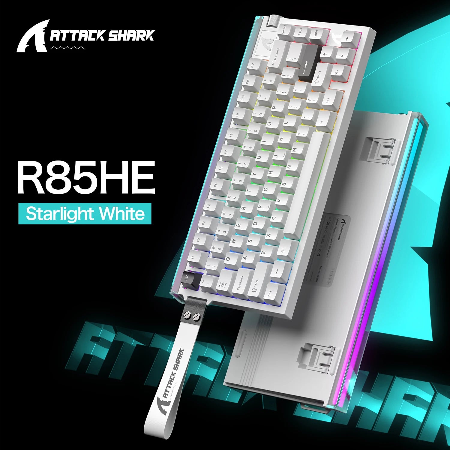 White mechanical gaming keyboard with RGB backlit PBT keycaps, full top view