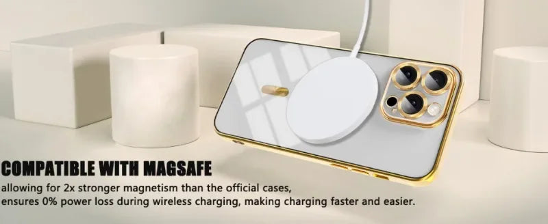 Gold magnetic wireless charge iPhone case with camera lens protector and charging ring