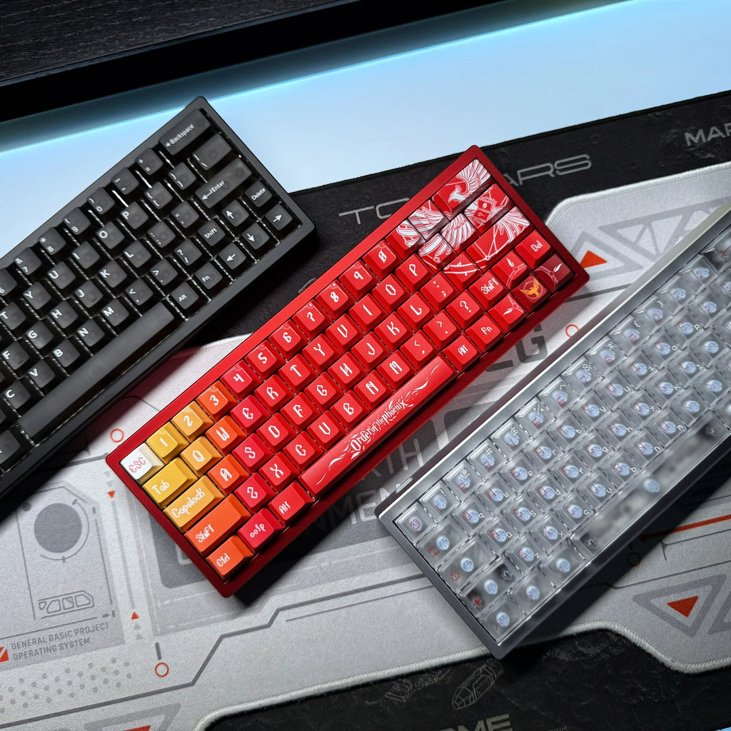 Red keyboard with orange accent keycaps and RGB-style lighting windows