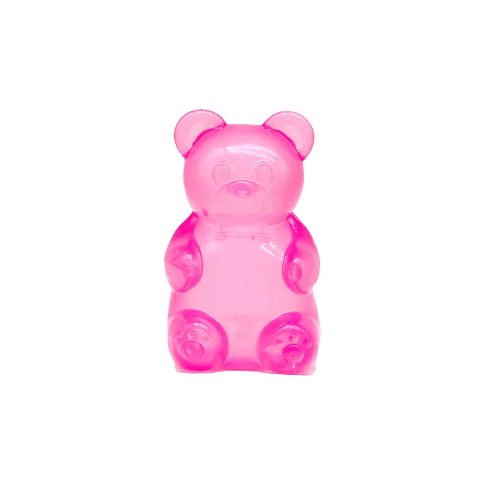 Pink gummy bear stress squeeze toy with bear face and paws