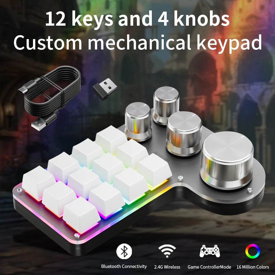Black 12-key mechanical keypad with white keycaps, four metal knobs, RGB lighting