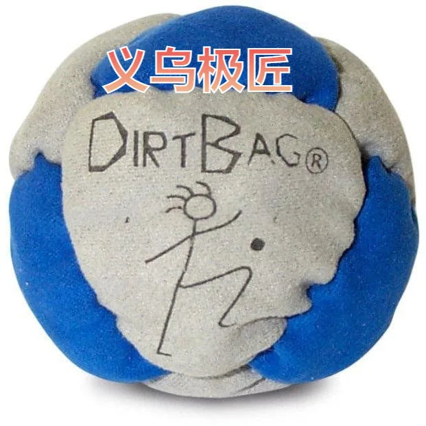 Sand-filled hacky sack ball with gray center, blue border, and logo design