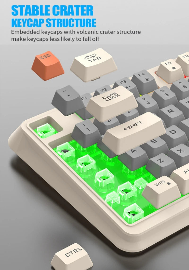 94-key mechanical keyboard keycaps with green backlighting on a white frame