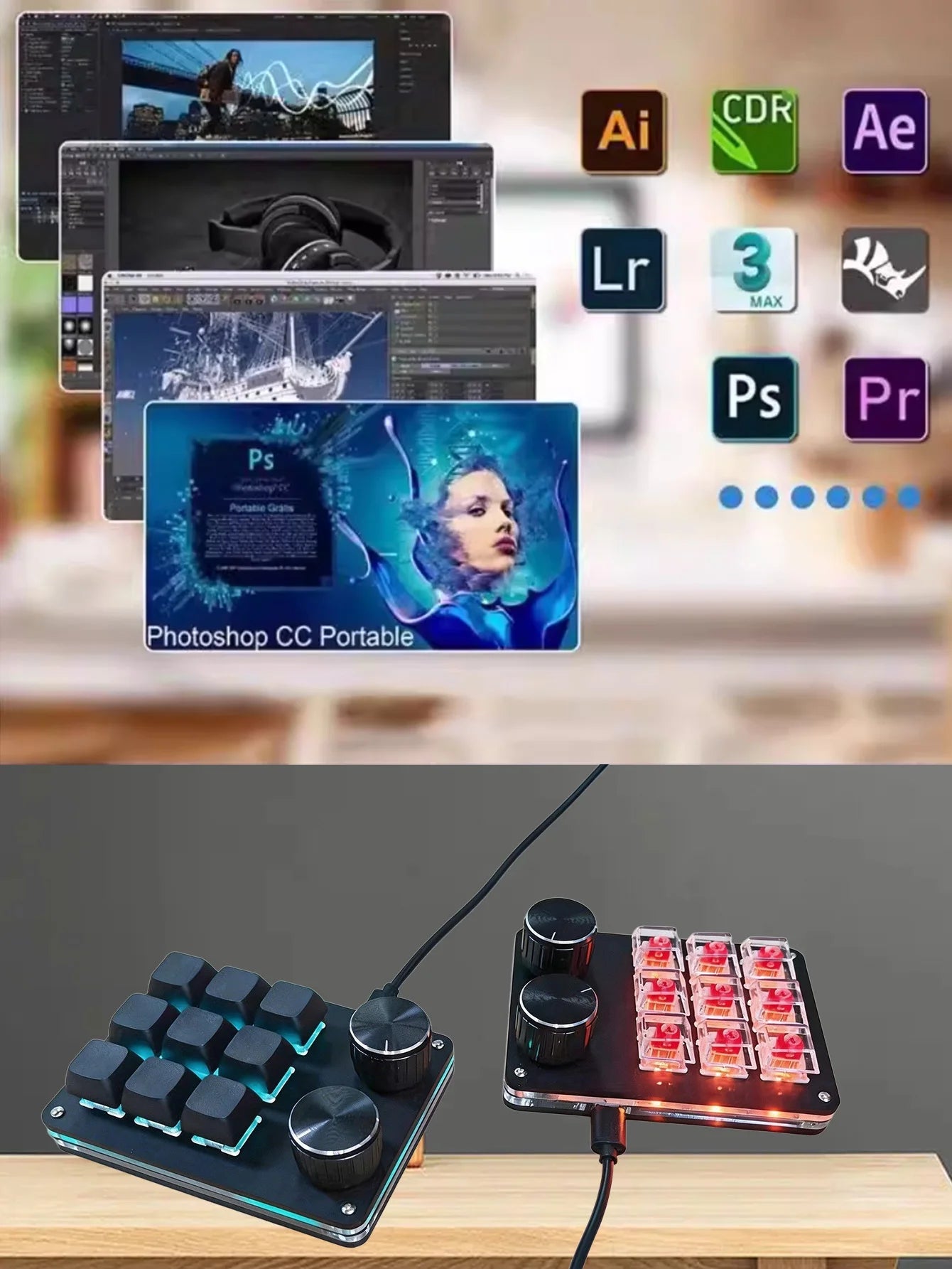 9-key macro keyboard with dual knobs and RGB-lit keys; second keyboard with red keycaps