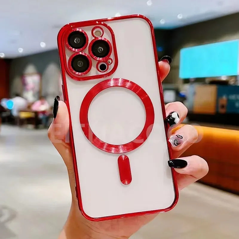 Red MagSafe wireless charging phone case with red magnetic ring and camera cutouts
