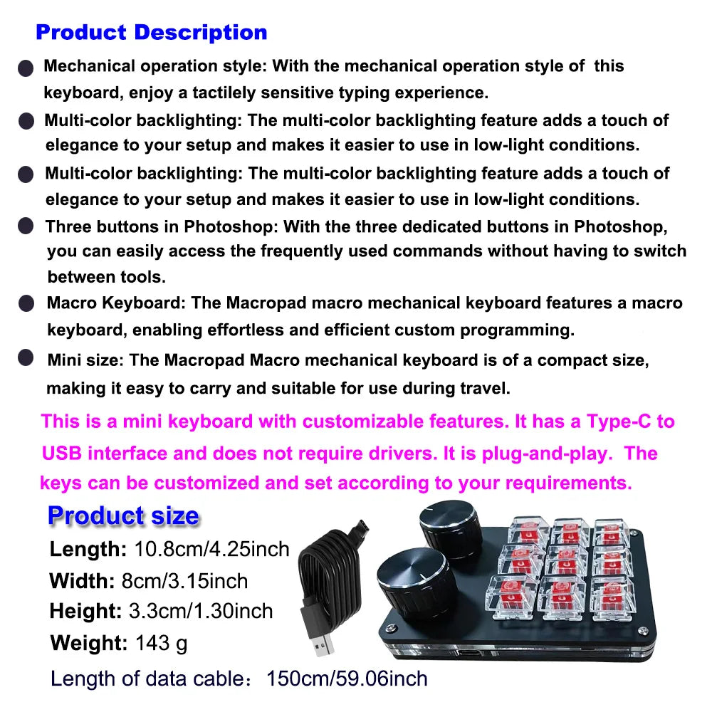 9-key macro keyboard with dual metal knobs and RGB-lit keys, Type-C cable shown