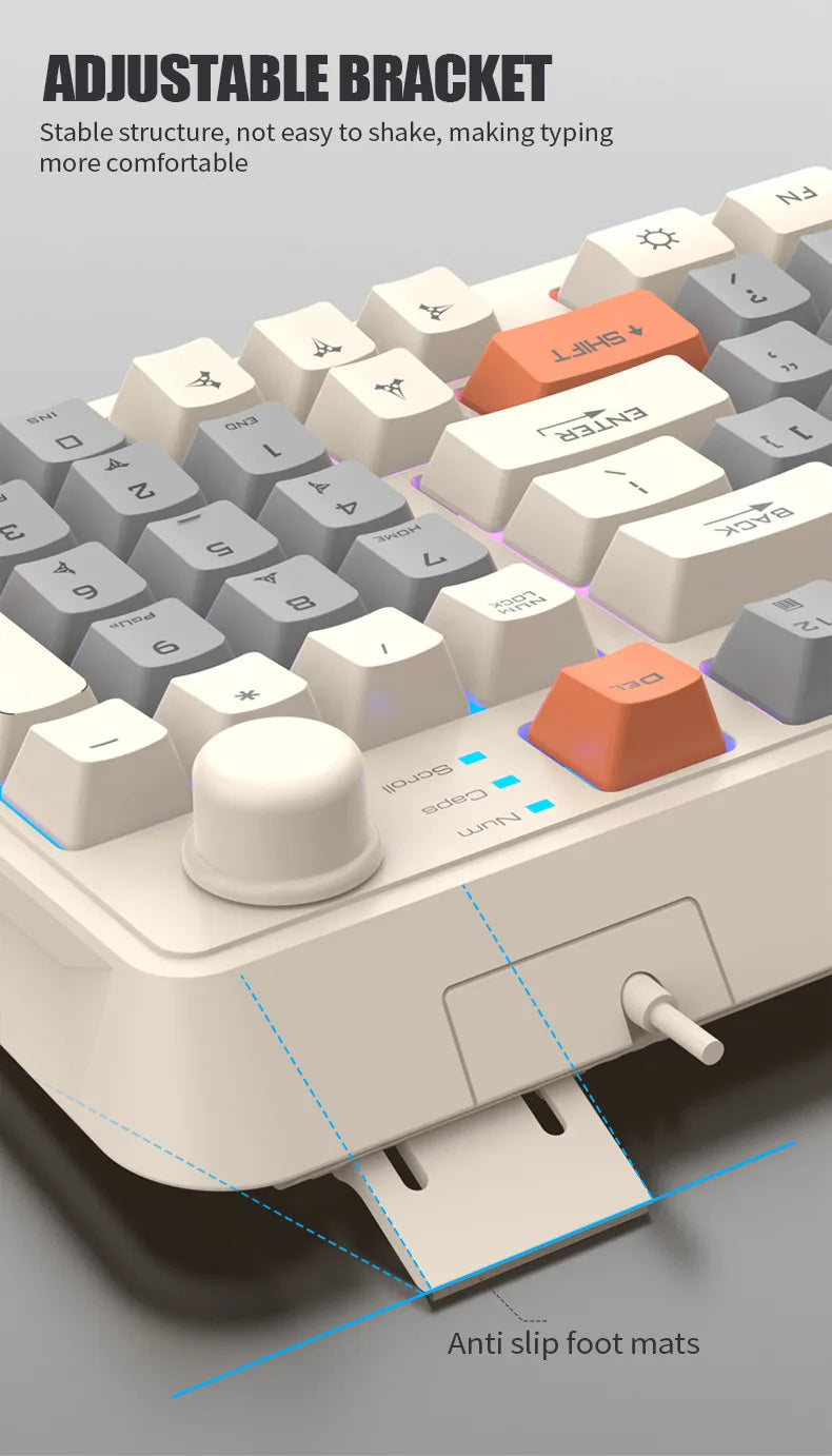 Wired RGB keyboard with adjustable stand and wrist rest, large volume knob on top