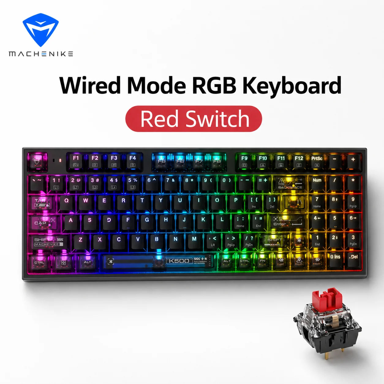 Wired RGB mechanical keyboard with black keys and red switch, 94-key 90% layout