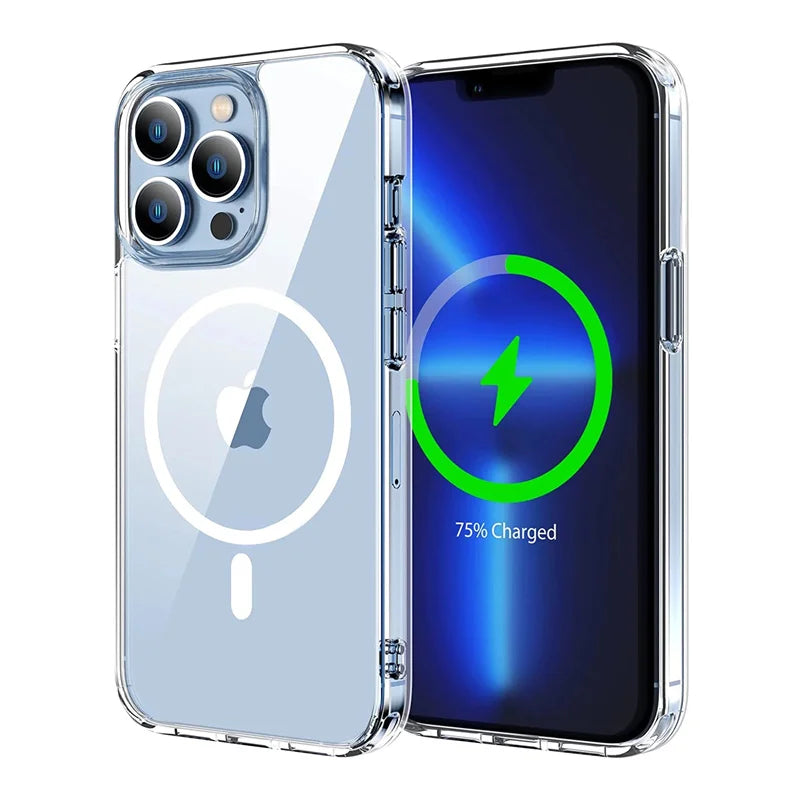 Clear MagSafe magnetic iPhone case shown open with MagSafe ring and camera cutouts