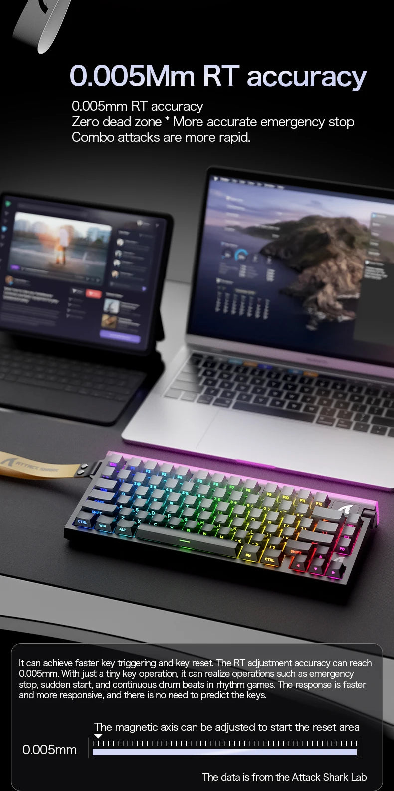 Magnetic axis gaming keyboard with RGB backlit PBT keycaps on a desk
