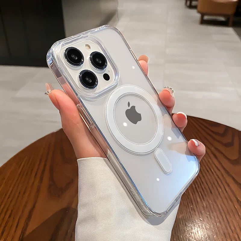 Clear transparent MagSafe magnetic wireless charging phone case with ring and camera cutouts