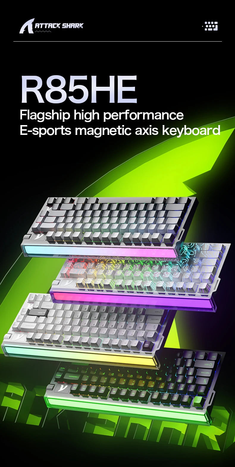 Keyboard at angle with layered RGB effects in green, pink, and purple highlights.