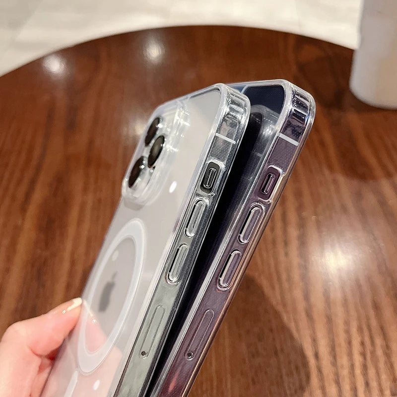 Clear MagSafe phone case side view with charging ring and exposed port openings
