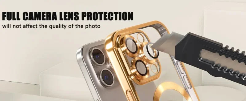 Silver and gold magnetic wireless charge iPhone cases with camera lens protector