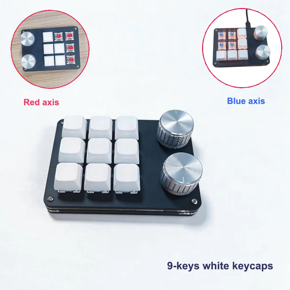 9-key editing keyboard with white keycaps and visible red and blue axis knobs