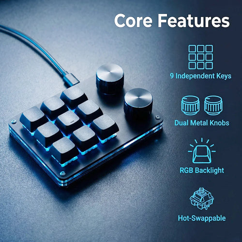 9-key macro keyboard with dual metal knobs and RGB-lit keys, compact editing control panel