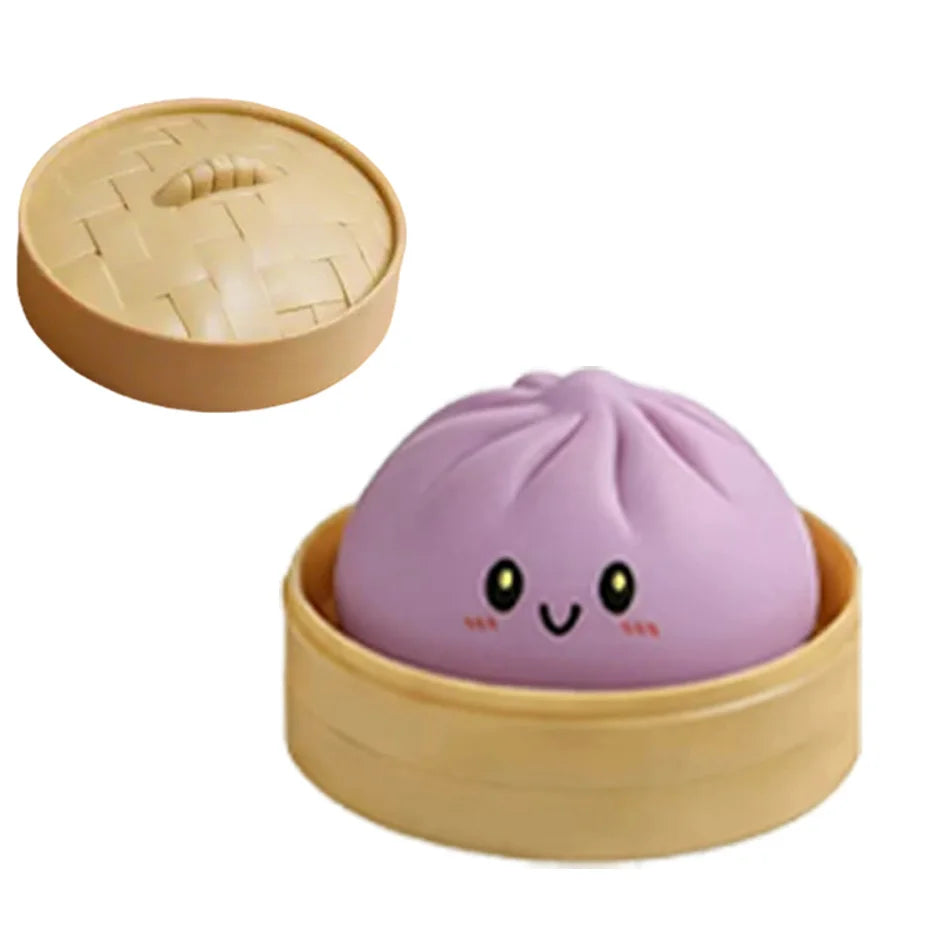 Purple round dumpling squishy with cute face, inside beige steamer basket