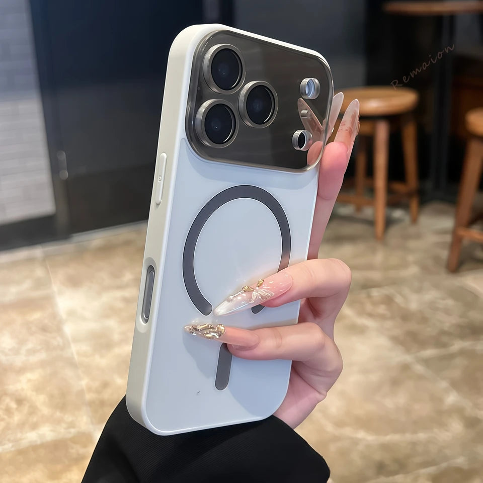 Magnetic phone case in light blue with large circular window cutout and raised camera rings